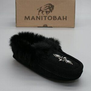 Manitobah Ladies 7 Mukluks Tipi Black Suede Rabbit Fur Beaded Shoes Moccasins